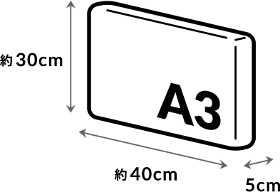 A2サイズ以内 （タテ約40cm×ヨコ約60cm×厚さ15cm）重さ5kgまで