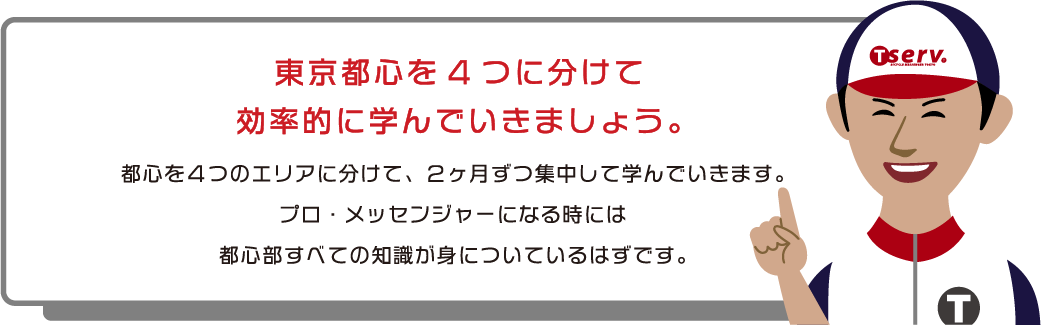 4つのエリアを順番に学んでいきます。東京都心を4つに分けて効率的に学んでいきましょう。都心を4つのエリアに分けて、2か月ずつ集中して学んでいきます。プロ・メッセンジャーになる時には都心部すべての知識が身についているはずです。