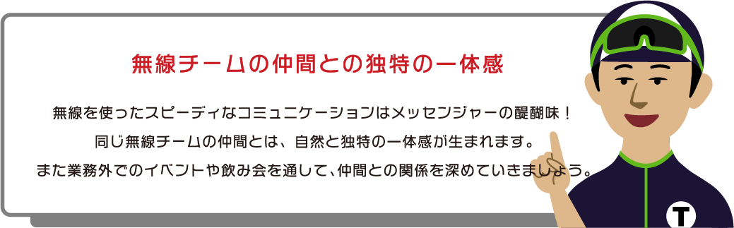 無線チームの仲間との独特の一体感　無線を使ったスピーディなコミュニケーションはメッセンジャーの醍醐味！同じ無線チームの仲間とは、自然と独特の一体感が生まれます。また業務外でのイベントや飲み会を通して、仲間との関係を深めていきましょう。